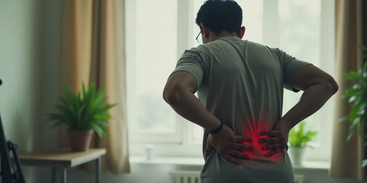 Personne touchant le bas du dos, exprimant une douleur lombaire.